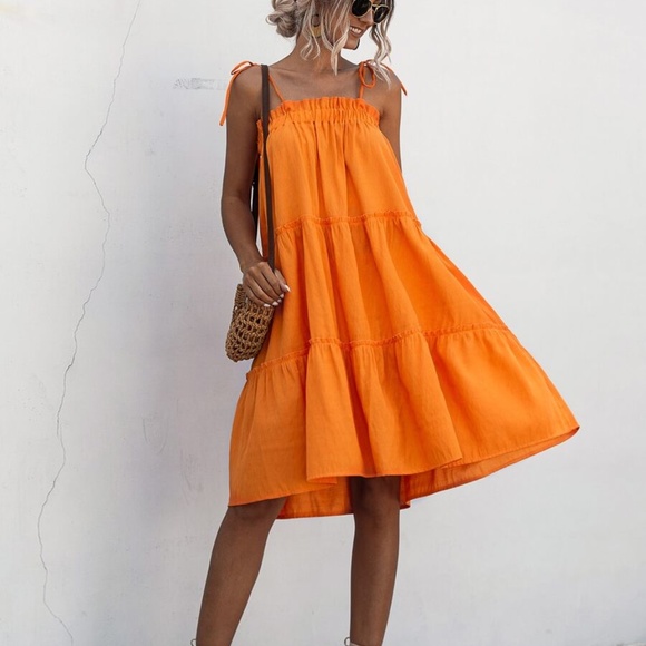 Boho Orange Ruffle Layered Midi Dress - Picture 2 of 4